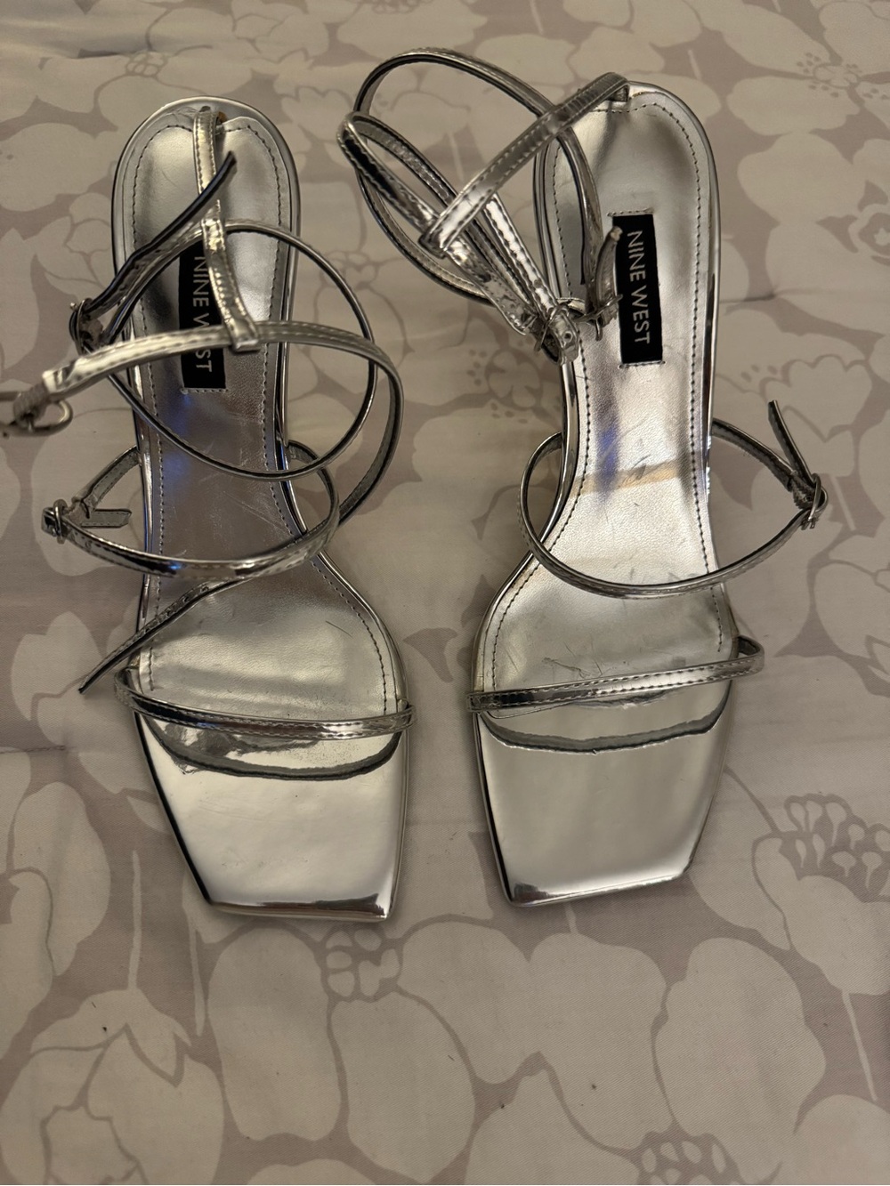 Nine West Metallic Silver Strappy Square-Toe Heels